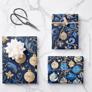 Drie blauw en gouden sierlijke Design Kerst Inpakpapier Vel