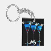 Drie blauwe cocktails met kersen op zwart sleutelhanger (Voorkant Links)