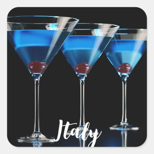 Drie blauwe cocktails met kersen op zwart vierkante sticker (Voorkant)