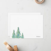 Drie blauwe groene aquarel dennenbomen notitiekaartje (Voorkant / Achterkant in situ)