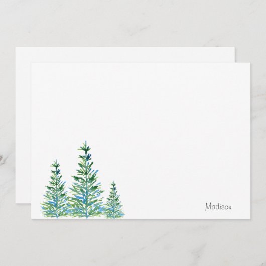Drie Blauwe Groene Waterverf Dennenbomen Notitiekaartje (Voorkant / Achterkant)
