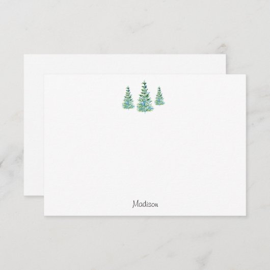 Drie Blauwe Groene Waterverf Dennenbomen Notitiekaartje (Voorkant / Achterkant)