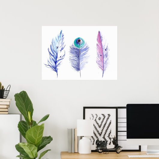 Drie blauwe veren poster (Thuiskantoor)