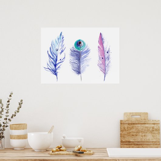 Drie blauwe veren poster (Keuken)