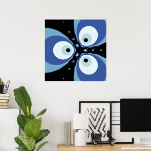 Drie Blauwe Vissen Praten Moderne Fractale Kunst Poster