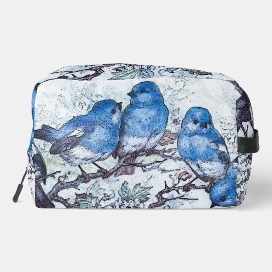 Drie blauwe vogels op kersenbloesem toilettasje (Achterkant)