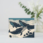 Drie Blauwe Walvissen Moderne Kunst Linocut Geïnsp Briefkaart (Staand voorkant)