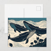 Drie Blauwe Walvissen Moderne Kunst Linocut Geïnsp Briefkaart (Voorkant / Achterkant)