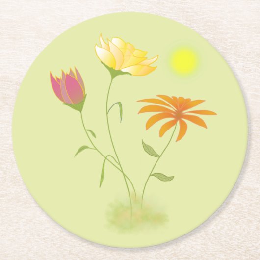 Drie bloemen in de zon - transparant. ronde kartonnen onderzetter (Voorkant)