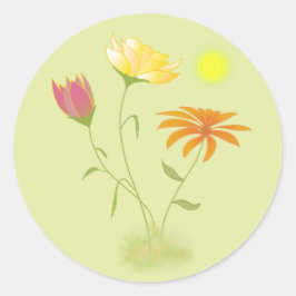Drie bloemen in de zon - transparant. ronde sticker