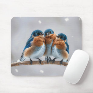 Drie bluebirds op een besneeuwde tak muismat