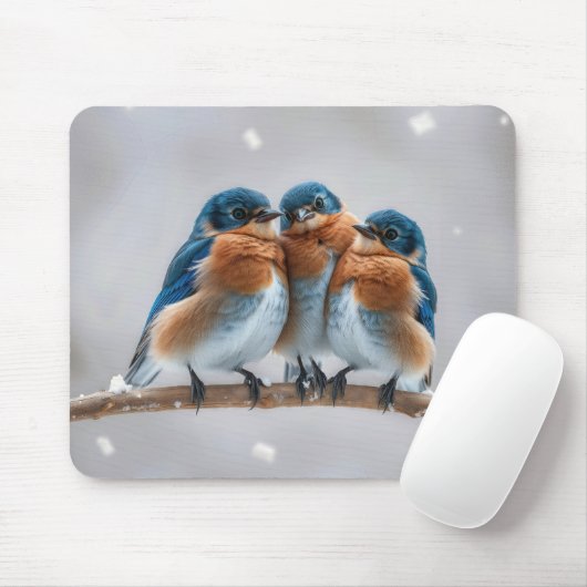Drie bluebirds op een besneeuwde tak muismat (Met muis)