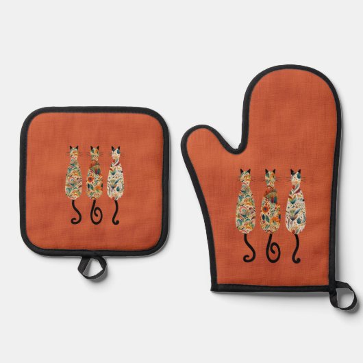 Drie Boho Katten Oranje  Ovenwant & Pannenlap Set (Voorkant)