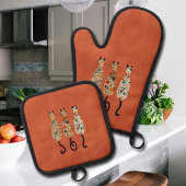Drie Boho Katten Oranje  Ovenwant & Pannenlap Set