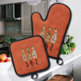 Drie Boho Katten Oranje  Ovenwant & Pannenlap Set
