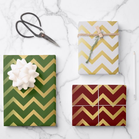 Drie Bold Goud Chevron Kerst Inpakpapier Vel (Voorkant)