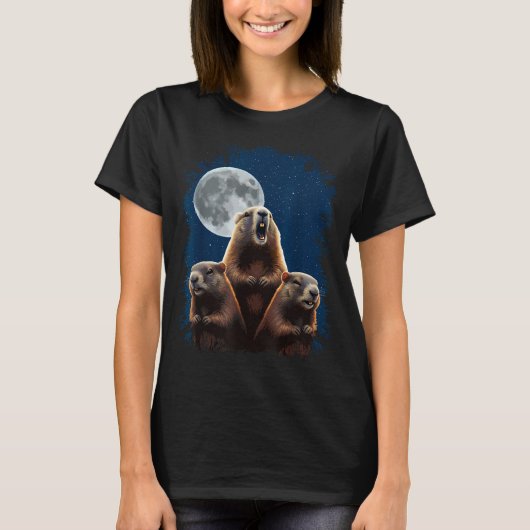 Drie bosmarmotten en een maan Grappige Groundhogda T-shirt (Voorkant)
