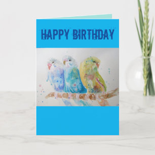 Drie Budgies Sitting Blue Budgie Waterverf Card Kaart