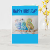 Drie Budgies Sitting Blue Budgie Waterverf Kaart (Gele Bloem)