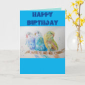 Drie Budgies Sitting Blue Budgie Waterverf Kaart (Gele Bloem)