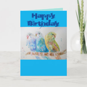 Drie Budgies Sitting Blue Budgie Waterverf Kaart
