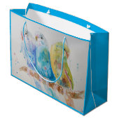 Drie Budgies Sitting Waterverf blue Gift Bag Groot Cadeauzakje (Achterkant Gekanteld)