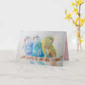 Drie Budgies zittend op een tak cute kaart (Gele Bloem)