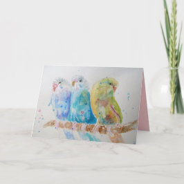 Drie Budgies Zittend op een Tak Leuke Kaart