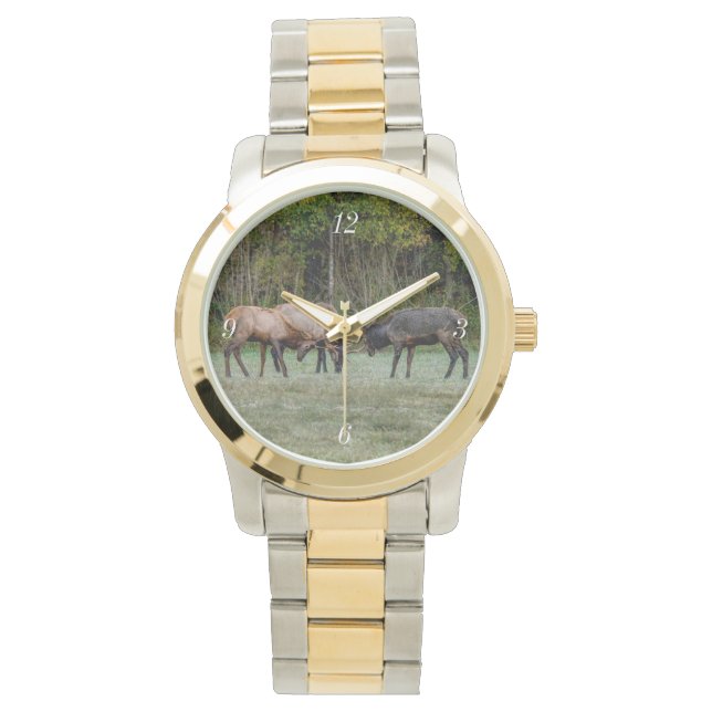 Drie Bull Elk Fight Horloge (Voorkant)