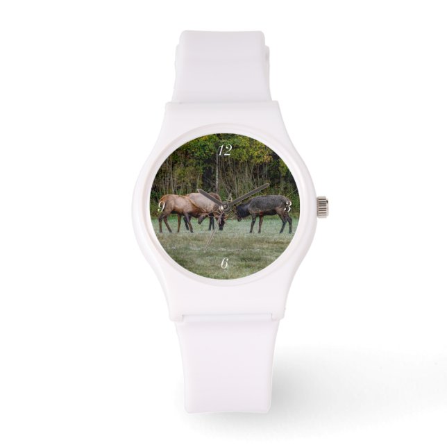 Drie Bull Elk Fight Horloge (Voorkant)