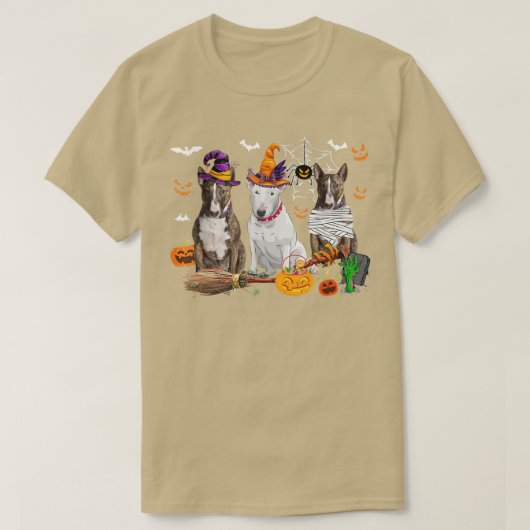 Drie Bull Terrier Dogs Witch Halloween Mummy Scar T-shirt (Design voorkant)