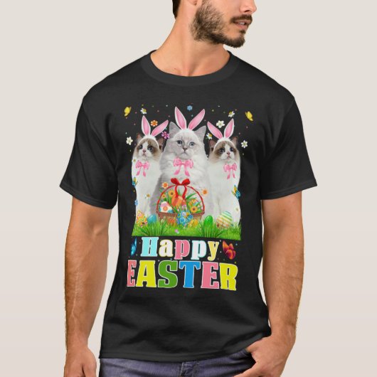Drie Bunny Ragdoll katten & Pasen Eiermandje Pasen T-shirt (Voorkant)
