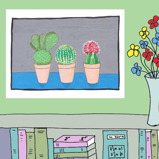 Drie cactussen in potten, schattige, naïeve kunst poster