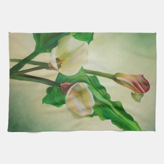 Drie Calla Lilies die botanisch acryl Theedoek (Horizontaal)