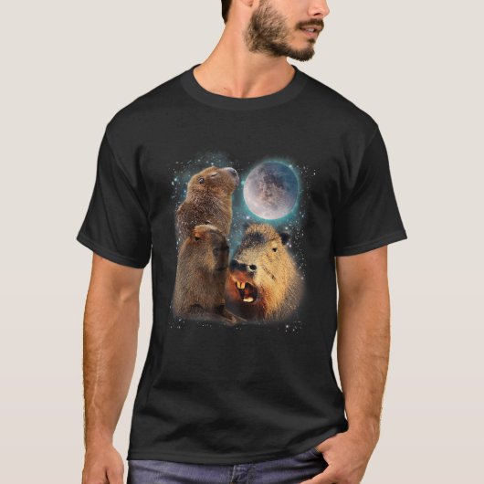 Drie Capybaras en Moon Funny Capybara Humor Paro T-shirt (Voorkant)