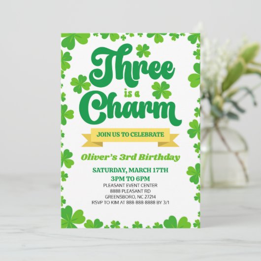 Drie charme St. Patrick's Day 3e verjaardagsfeestj Kaart (Staand voorkant)