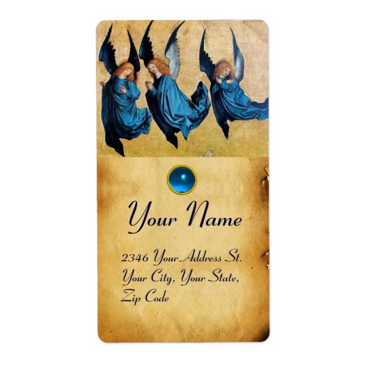 DRIE CHRISTMAS ANGELS IN BLAUW PARCHMENT, Sapphire Etiket (Voorkant)