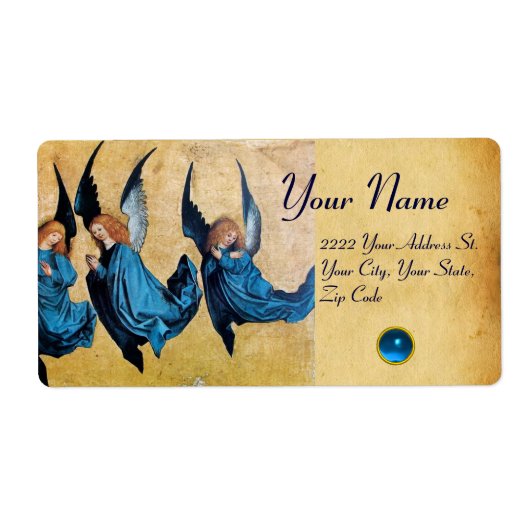 DRIE CHRISTMAS ANGELS IN BLAUW PARCHMENT, Sapphire Etiket (Voorkant)