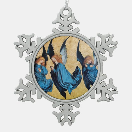 DRIE CHRISTMAS ANGELS IN BLAUW TIN SNEEUWVLOK ORNAMENT (Voorkant)