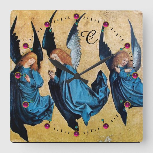 DRIE CHRISTMAS ANGELS IN BLAUWE MONOGRAM VIERKANTE KLOK (Voorkant)