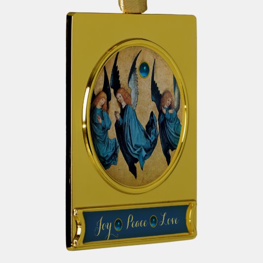 DRIE CHRISTMAS ANGELS IN BLUE/Joy Peace Love Verguld Banner Ornament (Rechts)