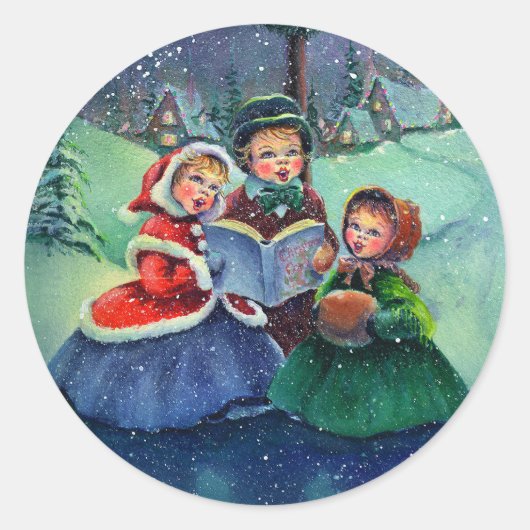 DRIE CHRISTMAS CAROLERS VAN SHARON SHARPE RONDE STICKER (Voorkant)