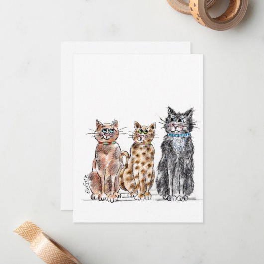 Drie coole kattenschets notitiekaartje (Voorkant / Achterkant in situ)