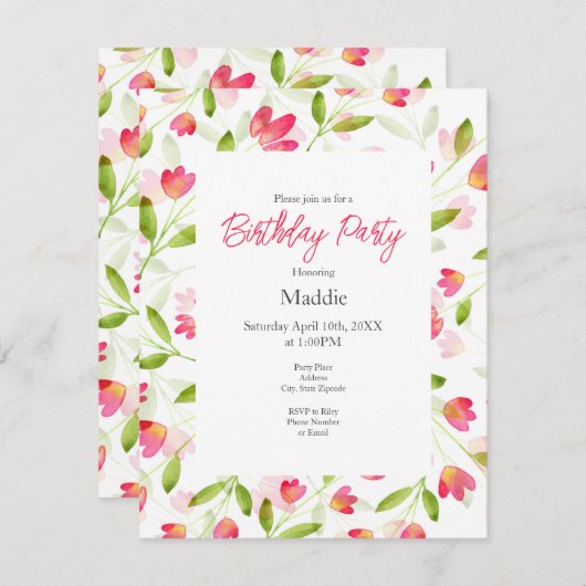 Drie Coral Pink Waterverf Flower Stem Pattern Kaart (Voorkant / Achterkant)