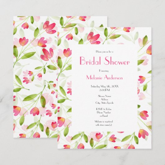 Drie Coral Pink Waterverf Flower Stems Patroon Kaart (Voorkant / Achterkant)