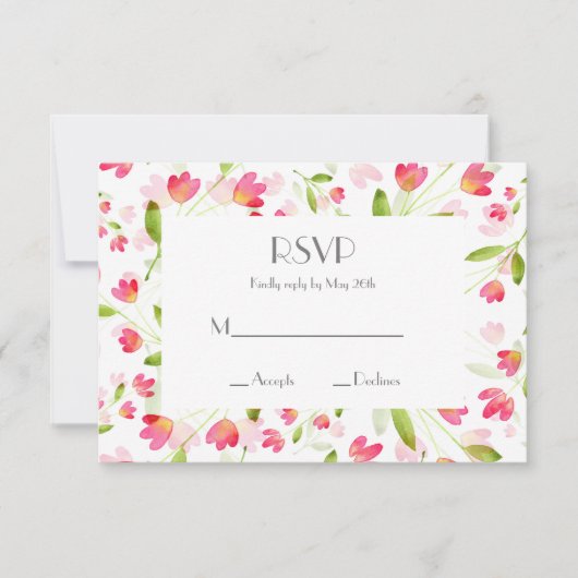 Drie Coral Pink Waterverf Flower Stems Patroon RSVP Kaartje (Voorkant)