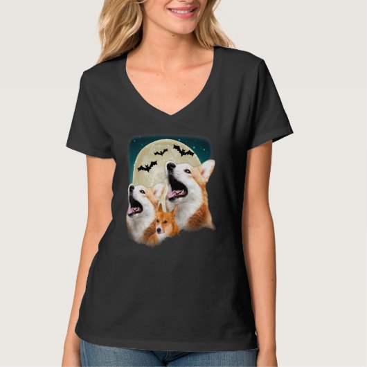 Drie Corgi Halloween en Halloween Maan T-shirt (Voorkant)