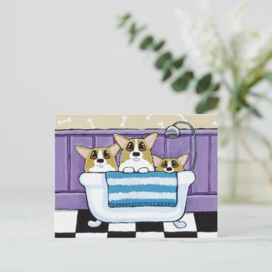 Drie Corgis in de Bathtub Briefkaart (Staand voorkant)