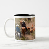 Drie cowboys die runderen besturen tweekleurige koffiemok (Links)