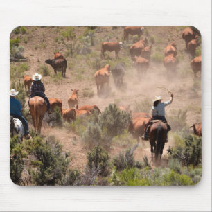Drie cowboys en cowgirls drijven vee muismat